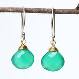 Green onyx gemstone drop earrings ~ may birthstone earrings ~ sterling silver short drop earrings with 24k gold plated silver wire wrap gem