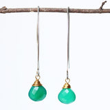 Green onyx gemstone drop earrings ~ may birthstone earrings ~ sterling silver long drop earrings with 24k gold plated silver wire wrap gem