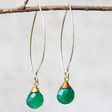 Green onyx gemstone drop earrings ~ may birthstone earrings ~ sterling silver long drop earrings with 24k gold plated silver wire wrap gem