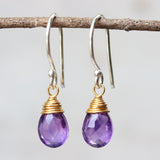 Dainty round drop natural amethyst earrings ~ February birthstone earrings, sterling silver drop earrings with wire wrap purple amethyst