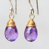 Dainty round drop natural amethyst earrings ~ February birthstone earrings, sterling silver drop earrings with wire wrap purple amethyst