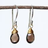 Smoky Quartz February birthstone gemstone drop earrings with short sterling silver round ear wire and 24k gold plated silver gemstone wrap