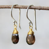 Smoky Quartz February birthstone gemstone drop earrings with short sterling silver round ear wire and 24k gold plated silver gemstone wrap