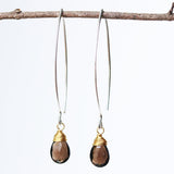 Smoky Quartz genuine gemstone drop earrings with long marquis sterling silver earwire and 24k gold wrapped gemstone drop