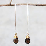 Smoky Quartz genuine gemstone drop earrings with long marquis sterling silver earwire and 24k gold wrapped gemstone drop