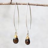 Smoky Quartz genuine gemstone drop earrings with long marquis sterling silver earwire and 24k gold wrapped gemstone drop