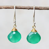 Green onyx gemstone drop earrings ~ may birthstone earrings ~ sterling silver short drop earrings with 24k gold plated silver wire wrap gem