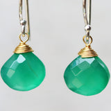 Green onyx gemstone drop earrings ~ may birthstone earrings ~ sterling silver short drop earrings with 24k gold plated silver wire wrap gem