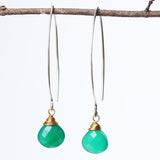 Green onyx gemstone drop earrings ~ may birthstone earrings ~ sterling silver long drop earrings with 24k gold plated silver wire wrap gem