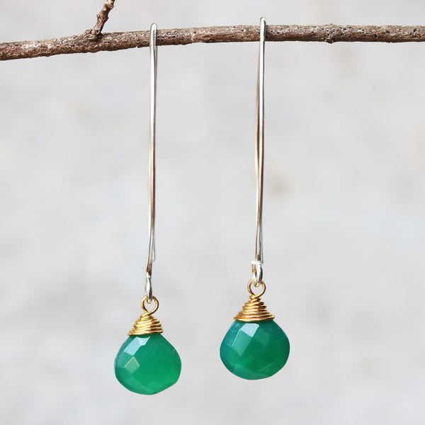 Green onyx gemstone drop earrings ~ may birthstone earrings ~ sterling silver long drop earrings with 24k gold plated silver wire wrap gem