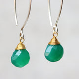 Green onyx gemstone drop earrings ~ may birthstone earrings ~ sterling silver long drop earrings with 24k gold plated silver wire wrap gem