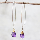 Amethyst February birthstone gemstone drop earrings with long sterling silver dangle and 24k gold plated wrap wire on the faceted gemstone