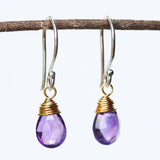 Dainty round drop natural amethyst earrings ~ February birthstone earrings, sterling silver drop earrings with wire wrap purple amethyst