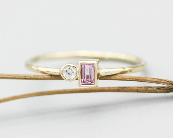 Baguette pink sapphire and diamond ring in bezel setting with 14k gold texture band