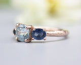 14k Rose gold wedding ring with Blue topaz, blue sapphire,  black spinel gemstone in bezel and prongs setting