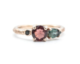 14k Rose gold wedding ring with Garnet, Green tourmaline, black spinel gemstone in bezel and prongs setting