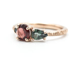 14k Rose gold wedding ring with Garnet, Green tourmaline, black spinel gemstone in bezel and prongs setting