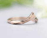 14k Rose gold with geometric design band ring with tiny 3 emerald on the side