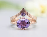 Set of 2 Purple tone, Amethyst cocktail ring with 14k rose gold texture design band with Amethyst ring 14k Rose gold crown design