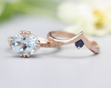Set of 2 Blue tone, Blue topaz cocktail ring with 14k rose gold texture design band with Blue sapphire ring 14k Rose gold crown design