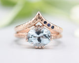 Set of 2 Blue tone, Blue topaz cocktail ring with 14k rose gold texture design band with Rose gold ring and tiny 3 blue sapphire on the side