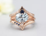 Set of 3 Blue tone, Blue topaz cocktail ring with 14k rose gold texture design band with Rose gold Blue sapphire ring crown design