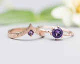 Set of 2 Purple tone,Amethyst ring in prongs setting with 14k rose gold texture design band with Amethyst ring 14k Rose gold crown design