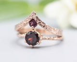 Set of 2 Red tone,Garnet ring in prongs setting with 14k rose gold texture design band with Garnet ring 14k Rose gold crown design