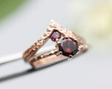 Set of 2 Red tone,Garnet ring in prongs setting with 14k rose gold texture design band with Garnet ring 14k Rose gold crown design