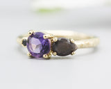 14k gold wedding ring with amethyst, labradorite, black spinel gemstone in bezel and prongs setting