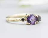 14k gold wedding ring with amethyst, labradorite, black spinel gemstone in bezel and prongs setting