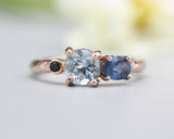 14k Rose gold wedding ring with Blue topaz, blue sapphire,  black spinel gemstone in bezel and prongs setting