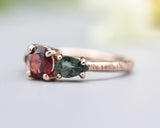 14k Rose gold wedding ring with Garnet, Green tourmaline, black spinel gemstone in bezel and prongs setting