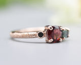 14k Rose gold wedding ring with Garnet, Green tourmaline, black spinel gemstone in bezel and prongs setting