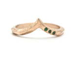 14k Rose gold with geometric design band ring with tiny 3 emerald on the side