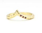 14k gold with hammer texture design band ring with tiny 3 ruby on the side