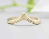 14k gold with wood texture design band ring with tiny 3 diamond on the side