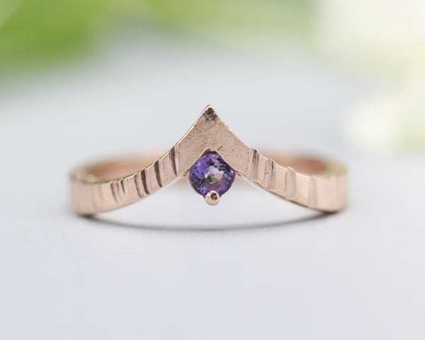 Amethyst ring 14k Rose gold crown design with line texture band