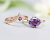 Set of 2 Purple tone, Amethyst cocktail ring with 14k rose gold texture design band with Amethyst ring 14k Rose gold crown design