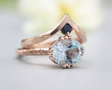 Set of 2 Blue tone, Blue topaz cocktail ring with 14k rose gold texture design band with Blue sapphire ring 14k Rose gold crown design