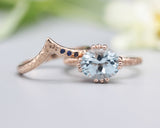 Set of 2 Blue tone, Blue topaz cocktail ring with 14k rose gold texture design band with Rose gold ring and tiny 3 blue sapphire on the side