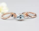 Set of 3 Blue tone, Blue topaz cocktail ring with 14k rose gold texture design band with Rose gold Blue sapphire ring crown design