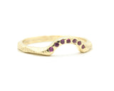 14k gold with geometric texture design band ring with tiny 7 ruby on the center