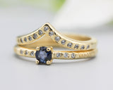 Set of 2 Round faceted blue sapphire ring and tiny diamond on 14k gold set with 14k gold hammer texture design band ring and tiny 15 diamond