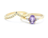 Set of 2 Oval amethyst ring and diamond side set in prongs setting with 14k gold band set with 14k gold band ring and tiny 15 diamond