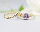 Set of 2 Oval amethyst ring and diamond side set in prongs setting with 14k gold band set with 14k gold band ring and tiny 15 diamond