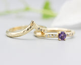 Set of 2 Round amethyst ring in prongs setting with diamond on 14k gold band set with 14k gold band ring with tiny 3 diamond on the side
