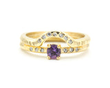 Set of 2 Round faceted amethyst ring with tiny diamonds on 14k gold band set with 14k gold band ring with tiny 7 diamond on the center