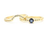 Set of 2 Round faceted blue sapphire ring with tiny diamonds on 14k gold band set with 14k gold band ring with tiny 7 diamond on the center