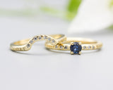 Set of 2 Round faceted blue sapphire ring with tiny diamonds on 14k gold band set with 14k gold band ring with tiny 7 diamond on the center